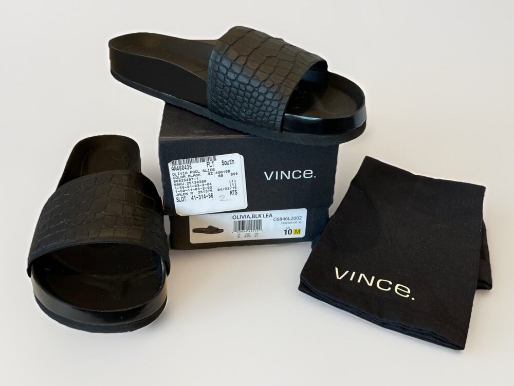 NIB Vince Olivia Black Snake Print Slides Size 10- READ